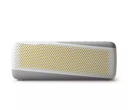 Trådløs Philips højttaler TAS7807W/00 i lysegrå farve med et perforeret gult gitter og stilrent design, støv- og vandtæt med IP67 klassificering