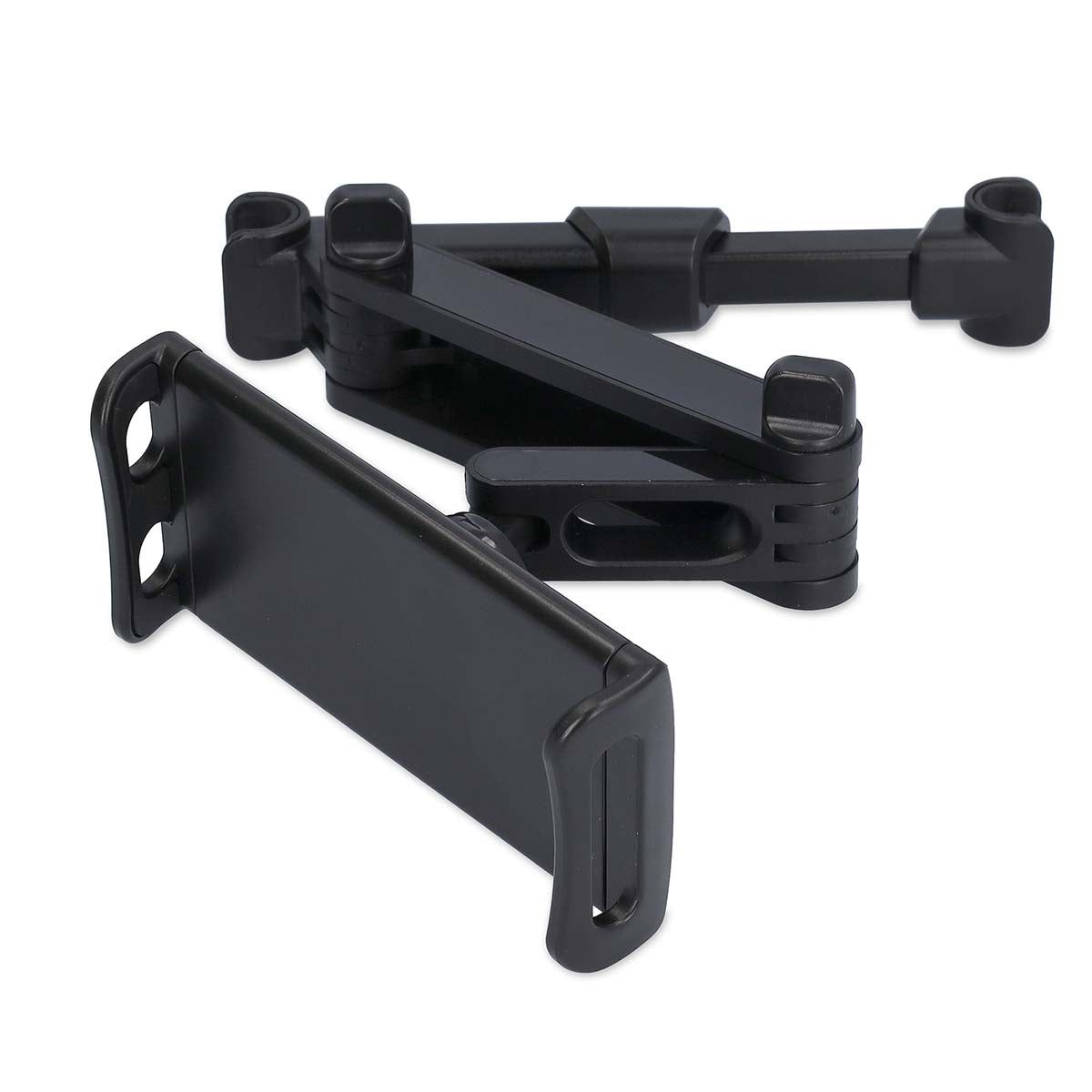 Billede af en justerbar tablet holder i sort design til bil brug med maksimal skærmstørrelseskompatibilitet på 12.5 tommer som gør det muligt at placere en tablet sikkert og nemt i bilen