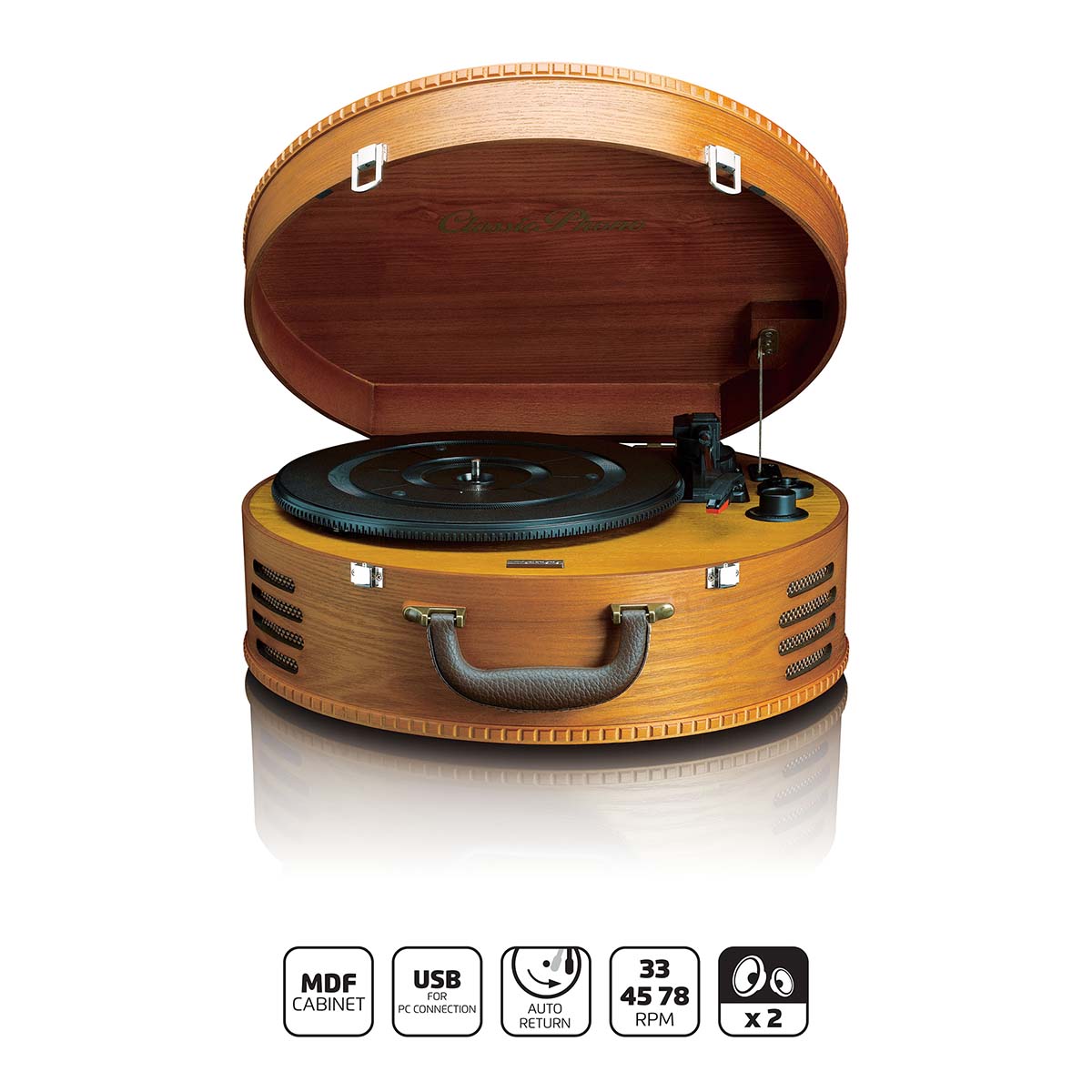 Retro pladespiller fra Lenco i brun træfinish med åbent låg der eksponerer pladespilleren og kontrolknapperne to indbyggede højttalere perfekt til hjemmeunderholdning designet med stil og funktionalitet i tankerne inkluderer USB-forbindelse og understøtter 33, 45 og 78 RPM vinylplader