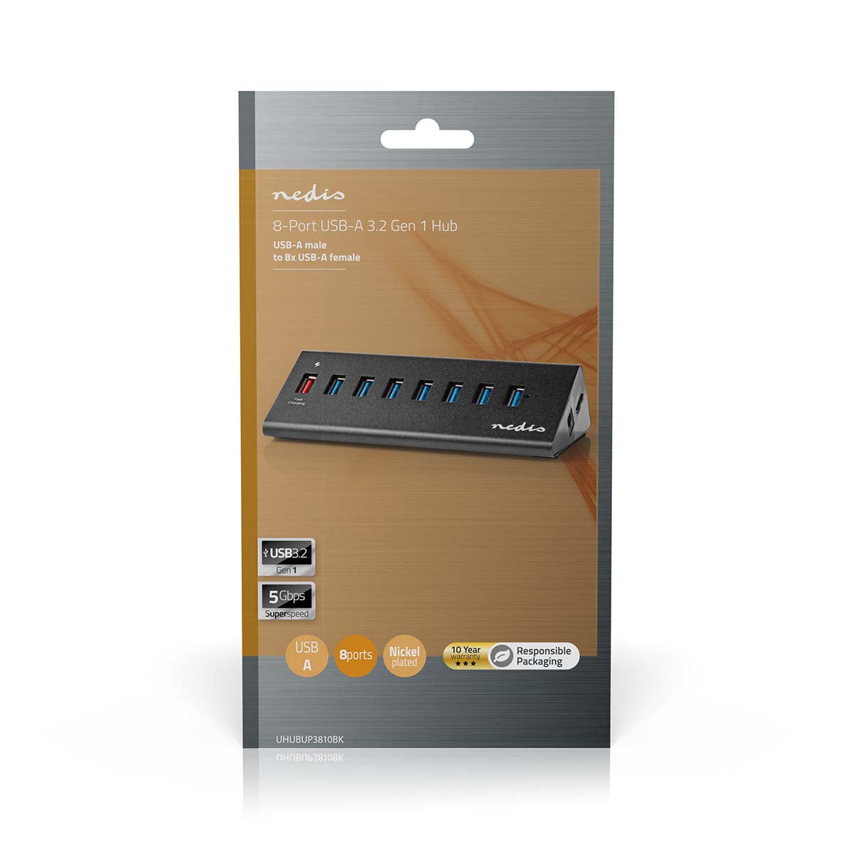 Nedis - USB-hub | USB Micro-B Female | USB-A Female | 8-Port port(s) | QC3.0 / USB 3.2 Gen 1 | Strømforsyning / USB Drevet | 5 Gbps | 8x USB - UHUBUP3810BK