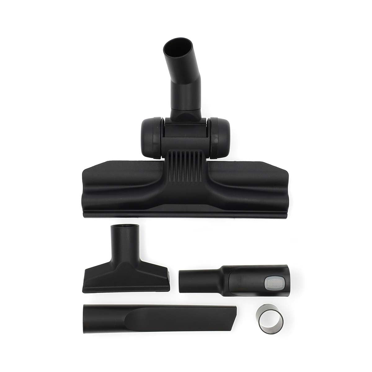 Billede af Nedis støvsuger starter kit bestående af en hovedbørste, tre forskellige mundstykker og en adapter i sort plast der er designet til Electrolux og universelle støvsugere med en diameter på 32 til 35 mm.
