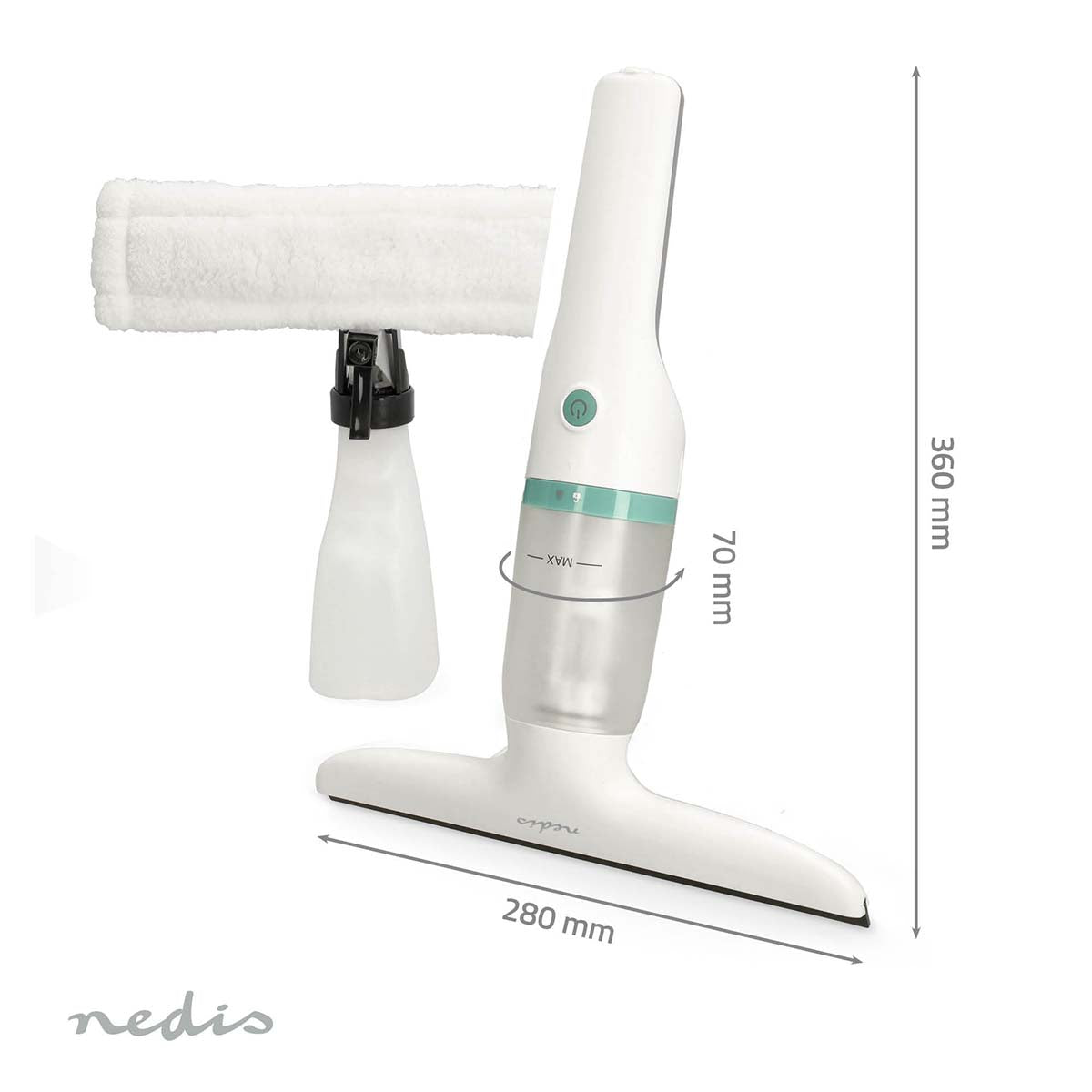Billede af Nedis VCWI230WT vinduesvasker med en hvid og grøn farvesammensætning samt en tilhørende sprayflaske til rengøringsmiddel. Vinduesvaskeren har et design med en slank profil og mål på 360 mm i højden og 280 mm i bredden. Der er synlige mål for tykkelsen på enheden, der er 70 mm. Vaskeren inkluderer en aftagelig klud til effektiv rengøring.