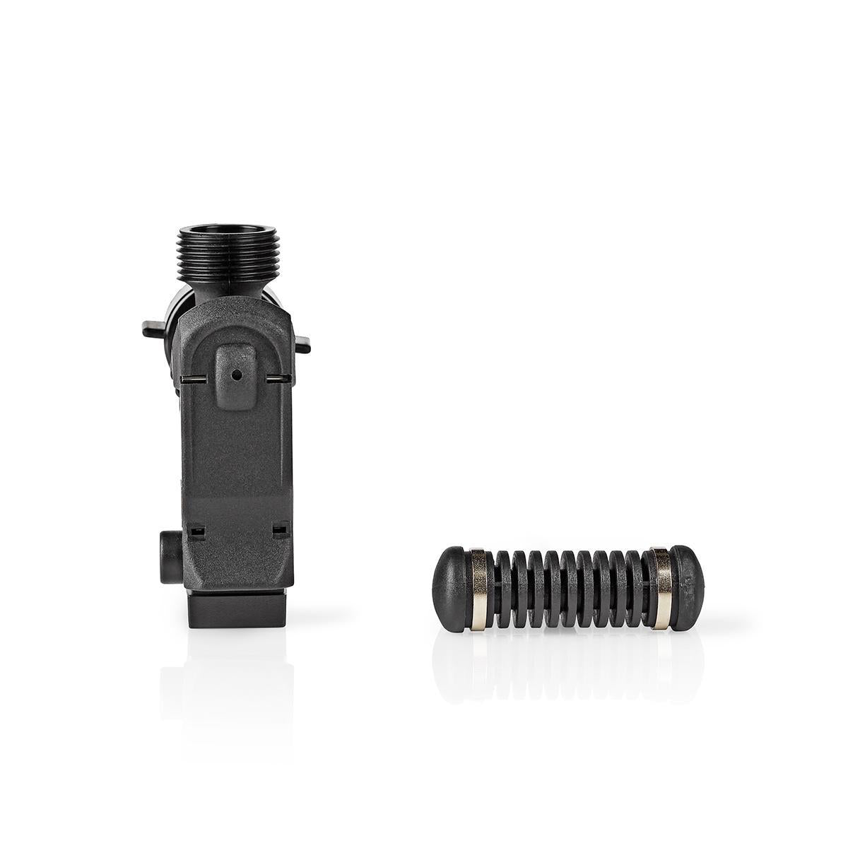 Nedis elektronisk Aqua Stop til vaskemaskine og opvaskemaskine med 3/4 tommers ydre og indre gevind farve sort detaljeret produktbillede viser en tætning og tilslutningskomponenter