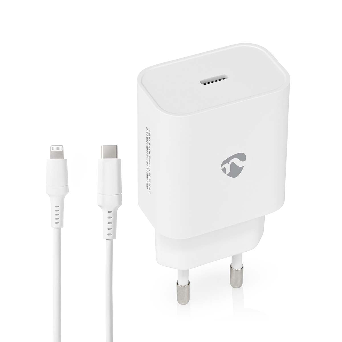 Nedis vægoplader med hurtigopladningsfunktion på 20 W inklusive USB-C og Lightning 8-Pin kabel på 1 meter som automatisk vælger spænding for optimal opladning