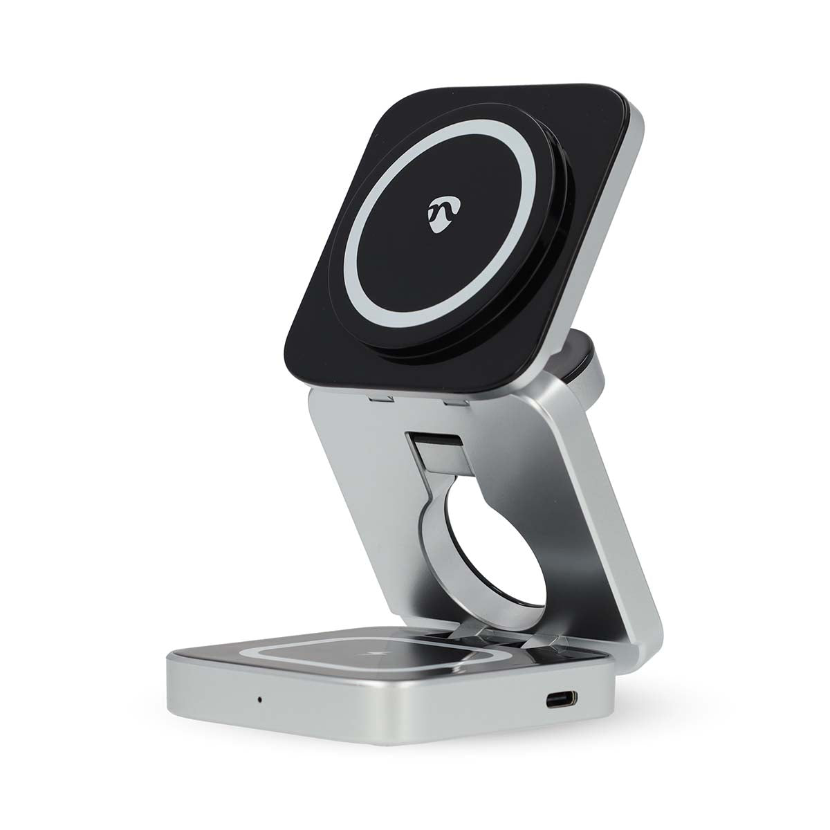 Nedis - Trådløs oplader | 3-in-1 | 2.5 / 5 / 15 W | LED-indikator i brug | Inkluderet kabel | USB-A / USB-C™ | 1.50 m - WDCHAQ15W210BK