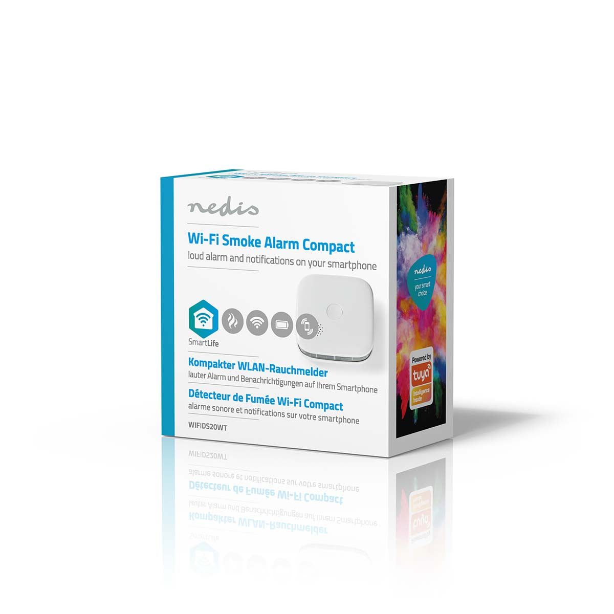 Billede af produktet Nedis WIFIDS20WT SmartLife røgalarm i sin originale emballage med information om Wi-Fi tilslutning og smartphone underretninger for brandalarmering