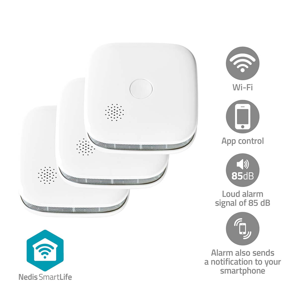 Nedis SmartLife røgalarm med Wi-Fi funktion tre stykker i hvid farve har en sensorlevetid på 10 år og et maksimalt batteri på 24 måneder med en alarmlyd på 85 dB app kontrol og notifikation til smartphone