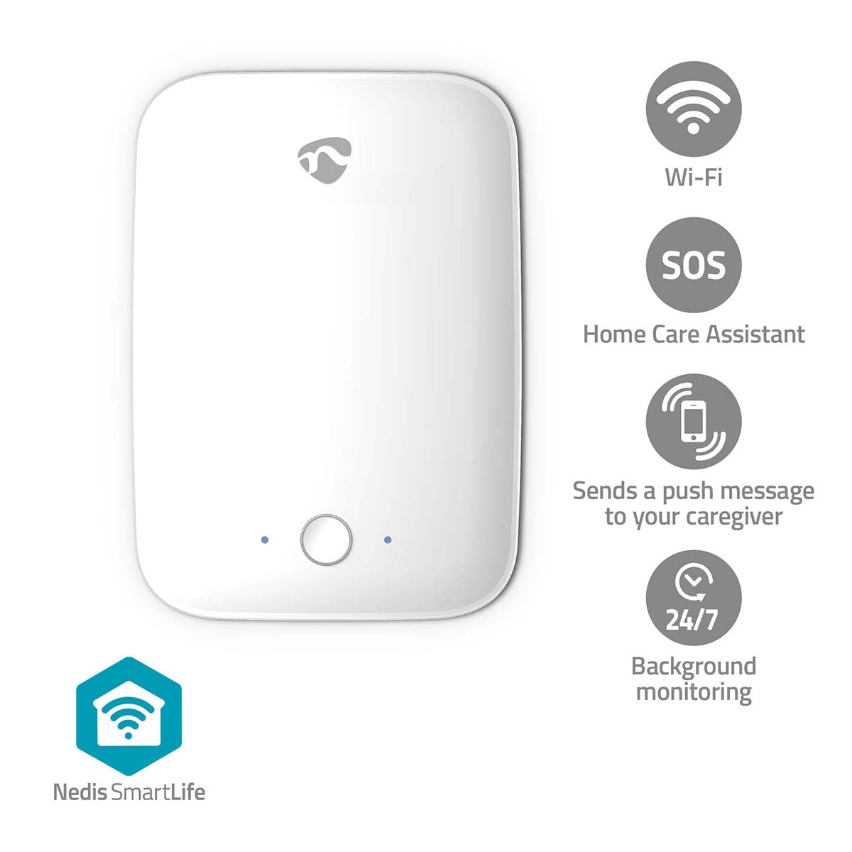 Nedis falddetektor i hvid med Wi-Fi funktionalitet detektionsområde på 7 meter effektivt synsfelt på ±45 grader både vandret og lodret IP54 klassificeret med symboler for Wi-Fi SOS hjemmeassistent push meddelelser til plejepersonale og overvågning døgnet rundt