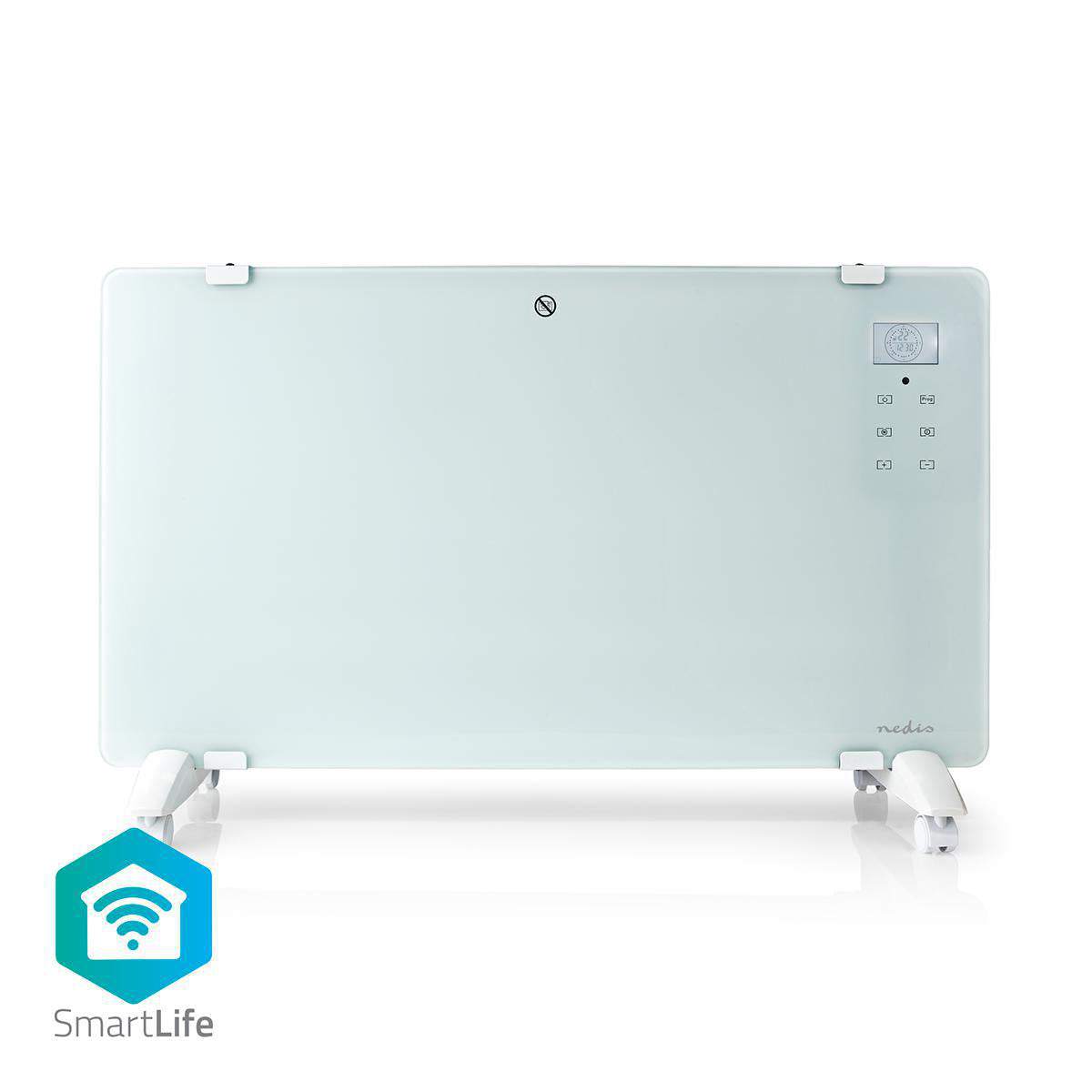 Nedis SmartLife elradiator i hvid med glaspanel og smarte funktioner til badeværelser med 2000 watt effekt to varmeindstillinger LED-display og justerbar termostat fra 15 til 35 grader Celsius