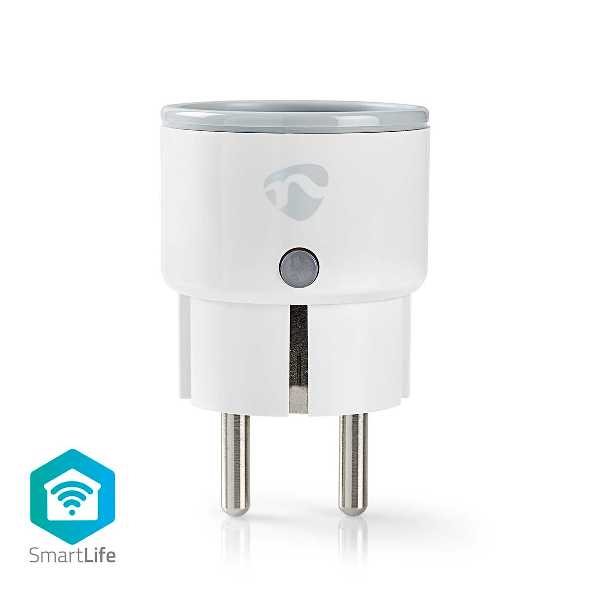 SmartLife smartplug i hvid med EU stik type F designet til Wi-Fi forbindelse IP21 effektiv måler op til 2500 watt understøtter Android og IOS temperaturinterval på minus 10 til plus 40 grader indeholder energimåling funktion 1 stk.
