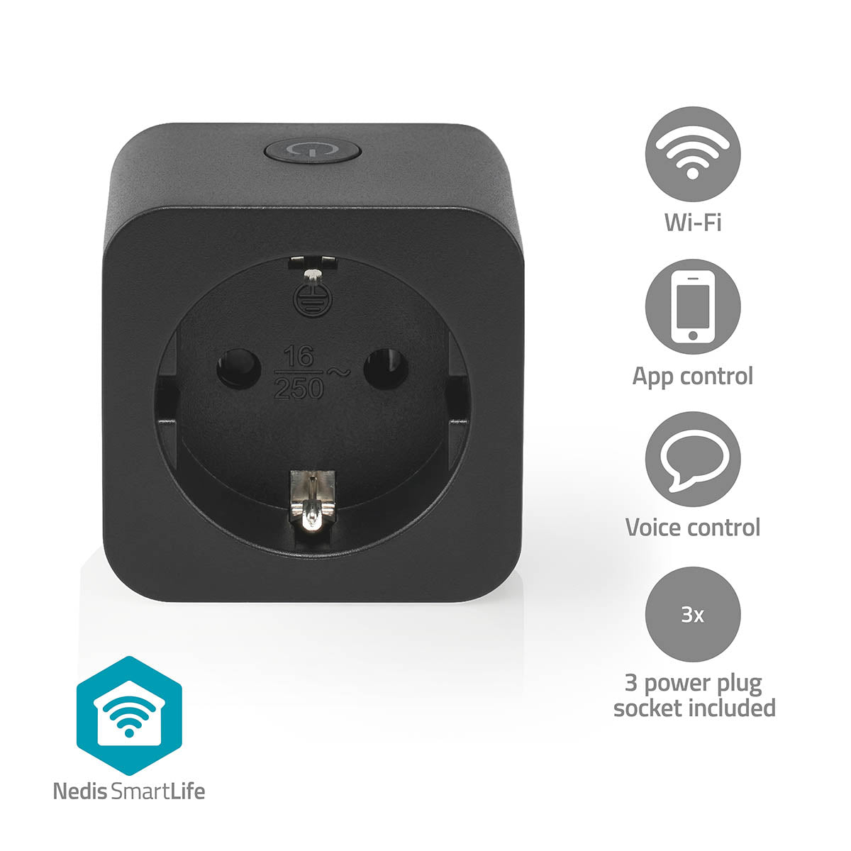 Nedis - SmartLife Smart Plug | Wi-Fi | IP21 | Effektmåler | 3680 W | Type F (CEE 7/3) | 0 - 55 °C | Android™ / IOS | Sort | 3 stk. - WIFIP121FBK3