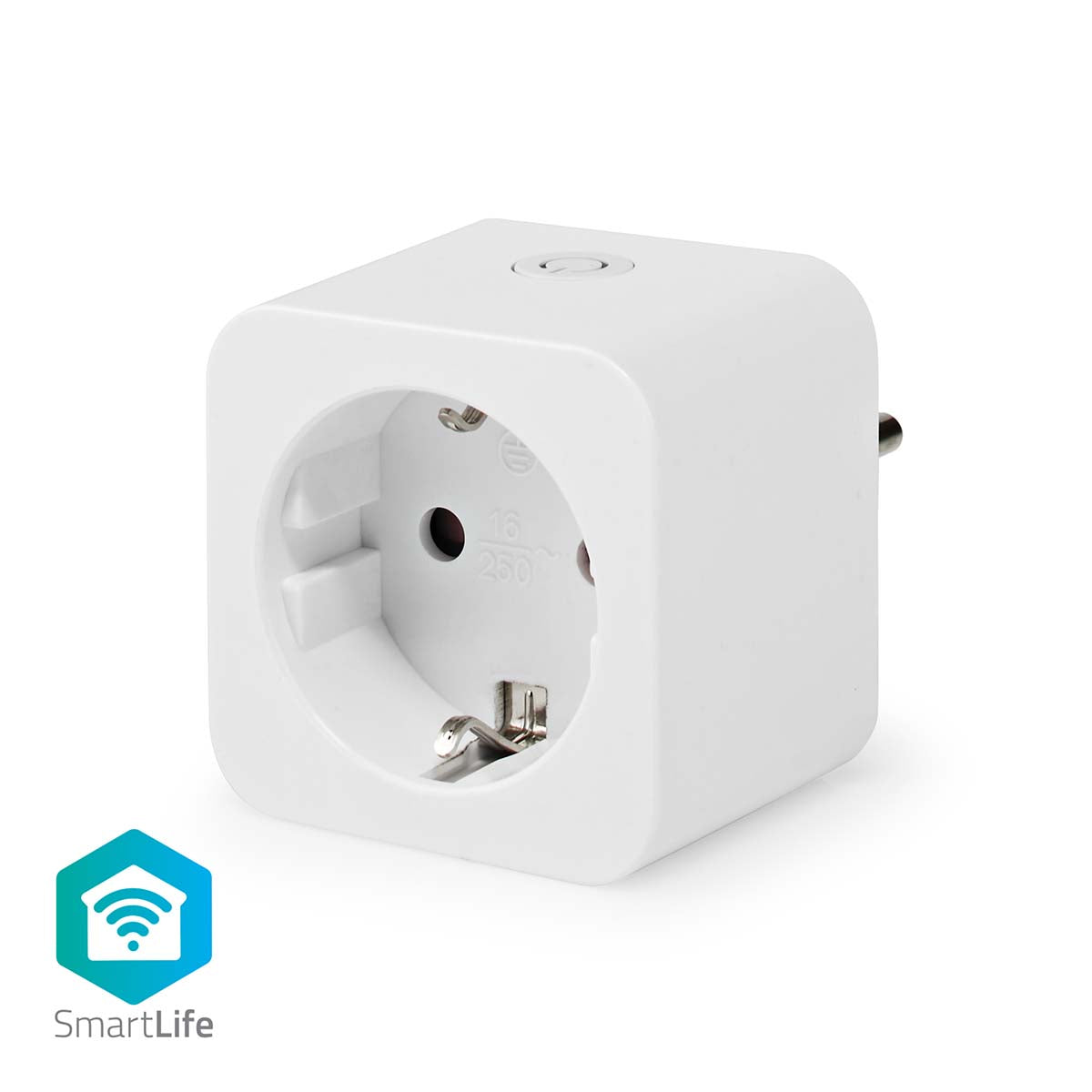 NEDIS SmartLife smartstik med Wi-Fi funktion i hvid farve designet til Type F stik med effektmåler op til 3680 W og driftstemperatur fra 0 til 55 grader celsius kompatibel med Android og IOS