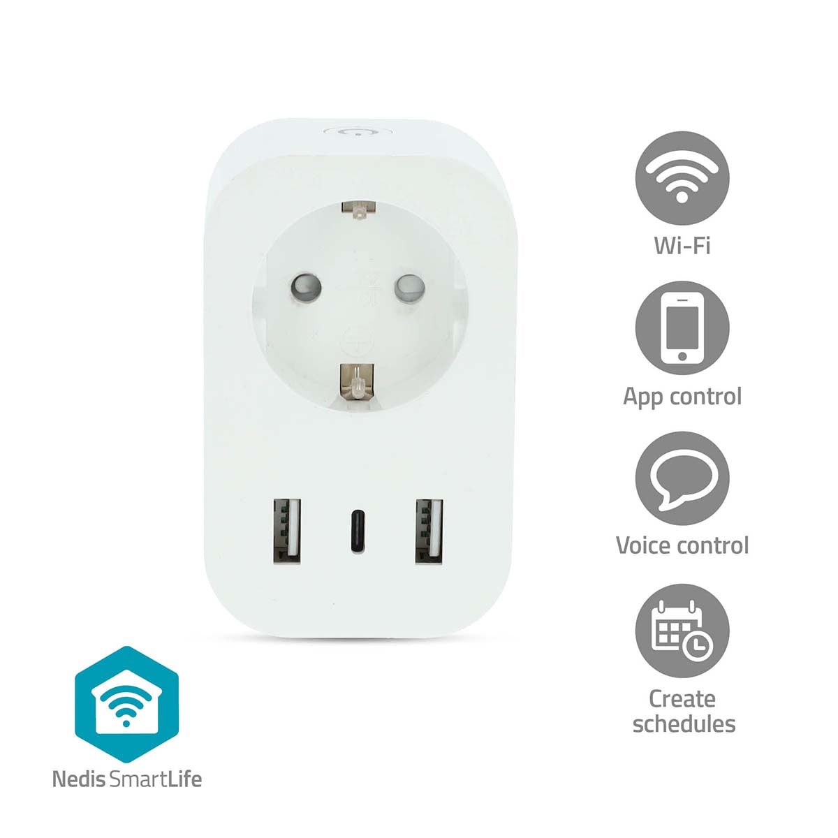 NEDIS SmartLife smart stik med Wi-Fi funktionalitet og effektmåler med en maksimal belastning på 3680 W type F CEE 7/7 med to USB porte og en USB-C port farve hvid designet til Android og IOS med drifts temperatur mellem 0 og 55 grader Celsius
