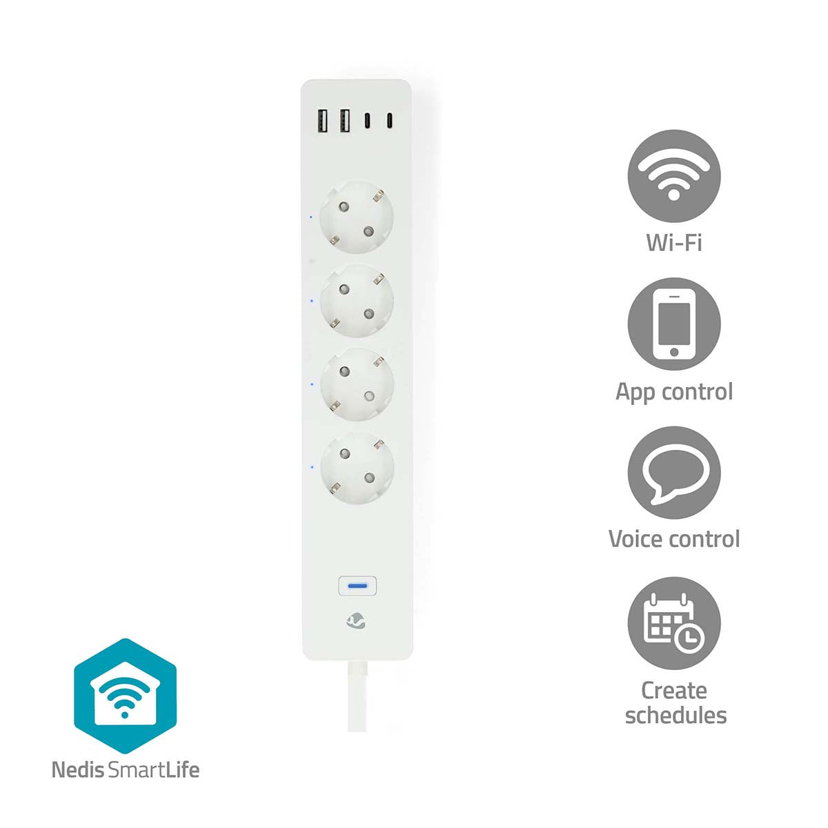 Nedis SmartLife stikdåse med fire stik og to USB-porte i hvid farve med Wi-Fi tilkobling smart app kontrol stemmestyring og mulighed for at oprette tidsplaner med en længde på to meter og en kapacitet på op til 3680 watt og 16 ampere