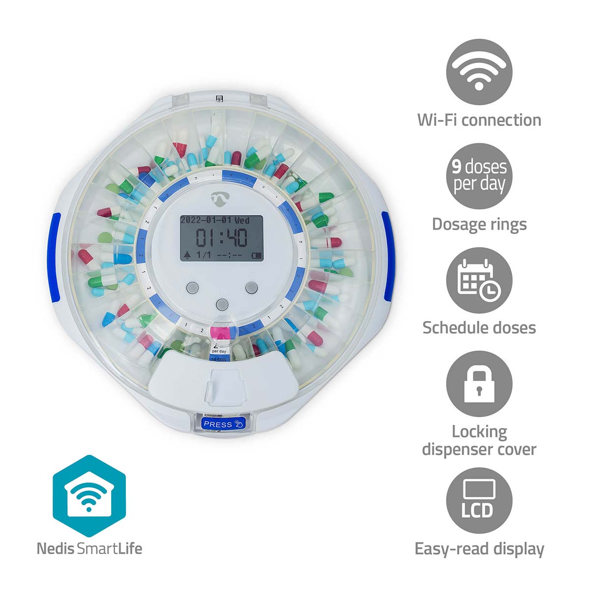 Nedis SmartLife pille-dispenser med Wi-Fi forbindelse og plads til 28 piller har ni daglige alarmer og et LCD-display samt doseringsringe og låsbar dæksel for nem brug