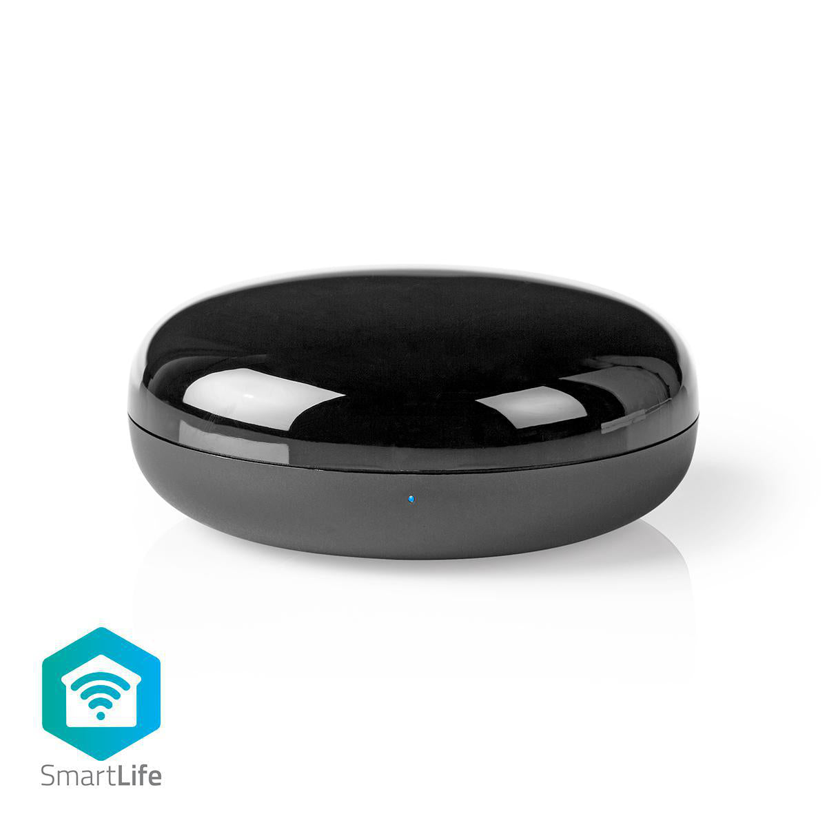NEDIS SmartLife IR fjernbetjening med Wi-Fi teknologi i sort design måler cirka 10 cm i diameter og har en signalområde på 5 meter ved 38 kHz, den drives via USB og er kompatibel med Android og iOS systemer.