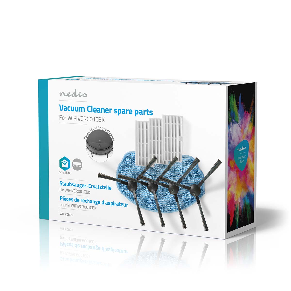 Billede af en emballage til Nedis WIFIVCB01 støvsuger reservedele som inkluderer filtre, børster og en fejlemoppe til robotstøvsuger med oplysninger om kompatibilitet og SmartLife funktioner