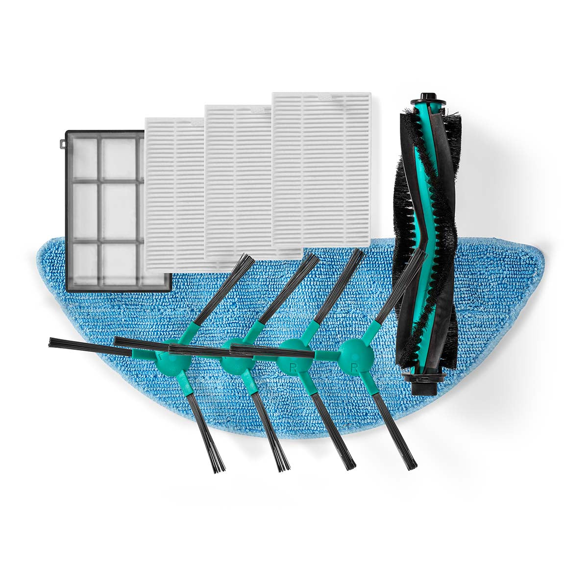 Sættet af reservedele til Nedis WIFIVCB02 støvsuger inkluderer en filterramme, tre HEPA-filtre, en børste med sorte strå og en blå moppe, der er udformet til effektiv rengøring.