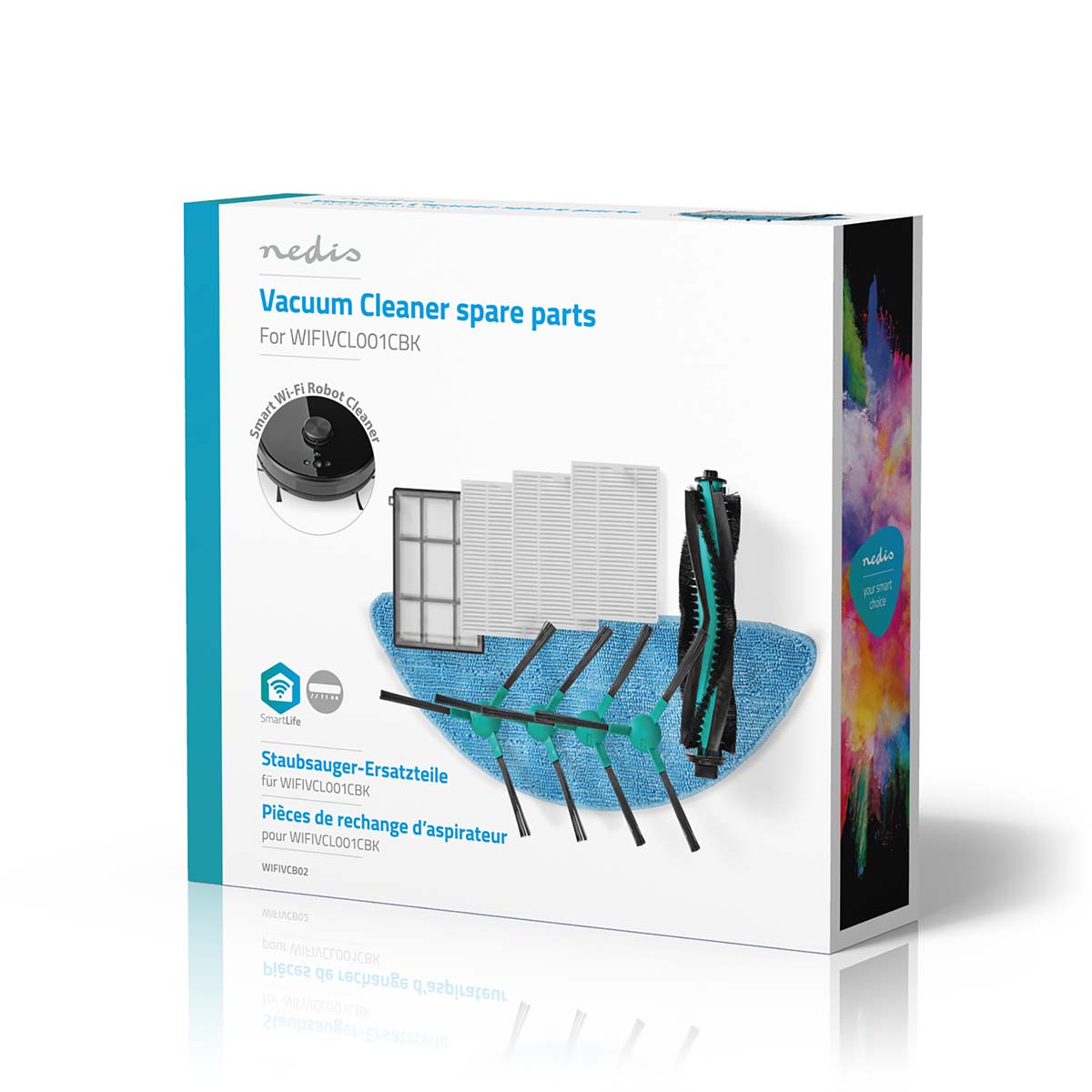 Billede af Nedis WIFIVCB02 støvsuger reservedele med flere komponenter som filtre og børster samt en blå rengøringsklud, præsenteret i en farverig emballage med oplysninger om produktet