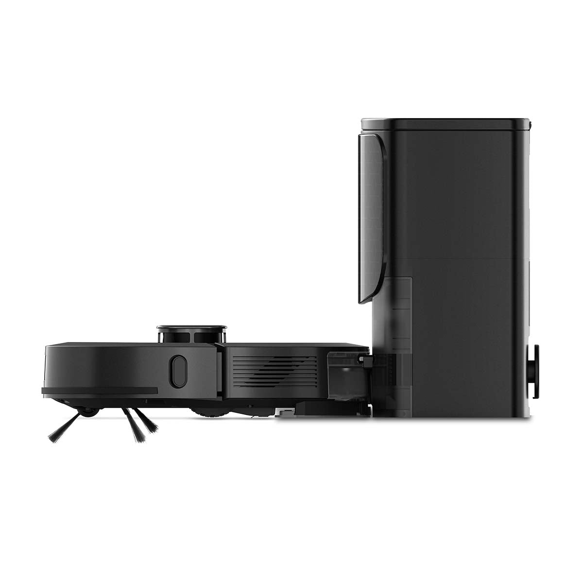 SmartLife robotstøvsuger fra Nedis set fra siden med slankt design og børster ved bunden samt en transparent beholder til støv