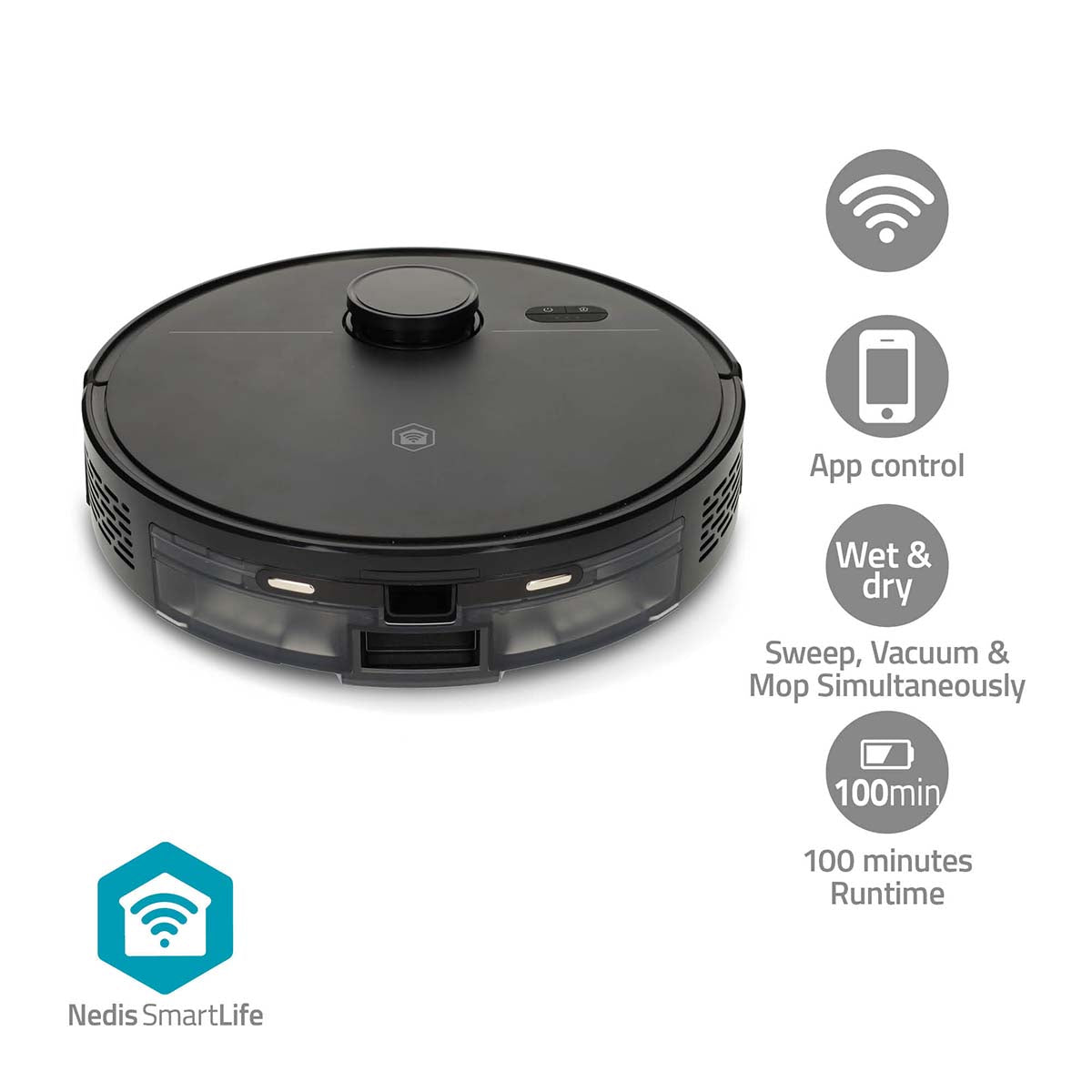 Nedis - SmartLife Robot Støvsuger | Navigationsmetode: Lasernavigation | Wi-Fi | Kapacitet Collection Reservoir: 0.59 l | Automatisk opladning | Maksimal driftstid: 1.75 timer | Sort | Android™ / IOS - WIFIVCL10CBK
