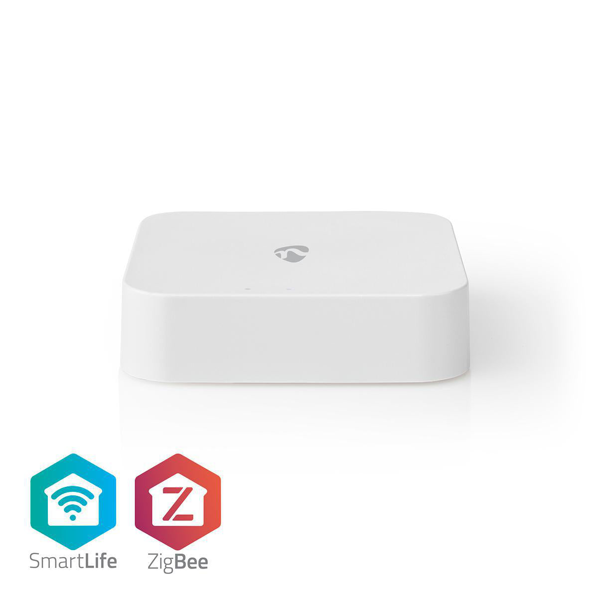 NEDIS SmartLife Gateway med Zigbee 3.0 i hvid farve designet til at styre op til 40 enheder USB drevet og kompatibelt med Android og IOS med SmartLife og ZigBee logoer i bunden
