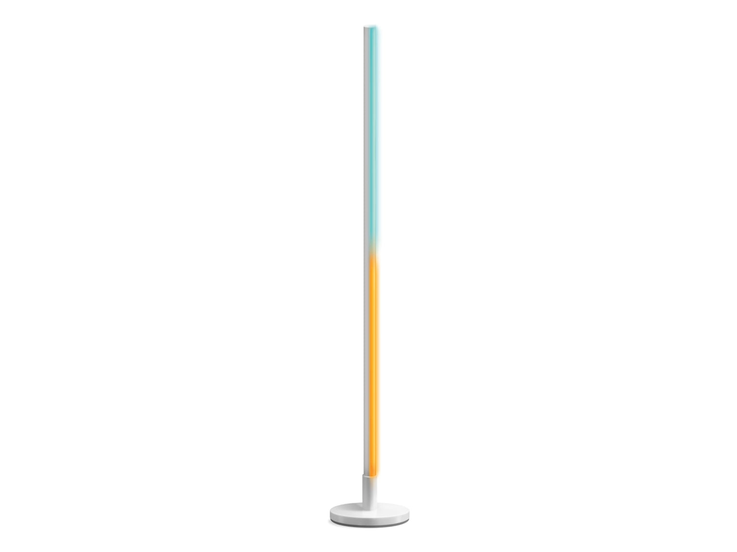 WIZ Pole gulvlampe med en slank, moderne design og farverne blå og orange, monteret på en rund hvid fod
