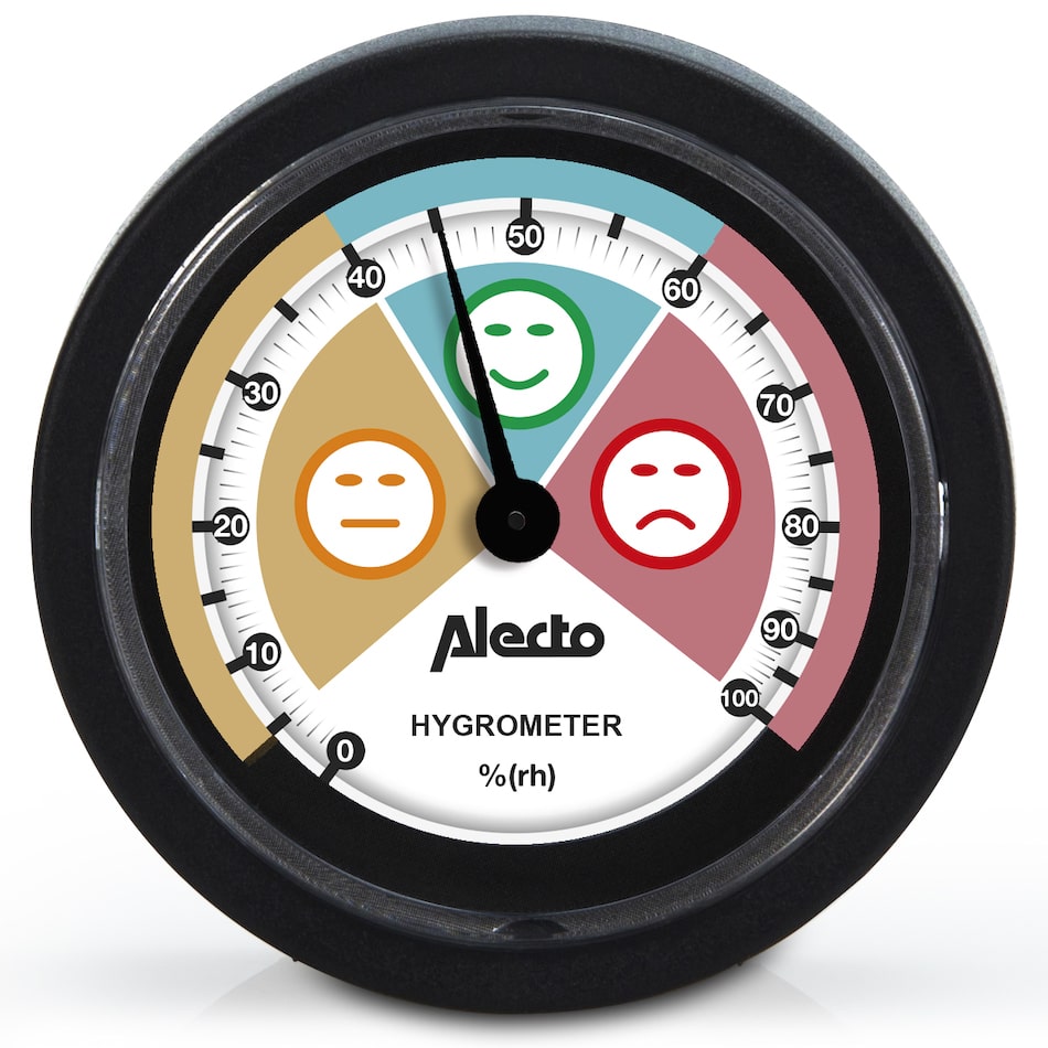 Alecto WS-05 hygrometer med en farverig måleskala der viser fugtighedsniveauer fra 0 til 100 procent med tre ansigtssymboler der indikerer tør, komfortabel og fugtig luftkvalitet