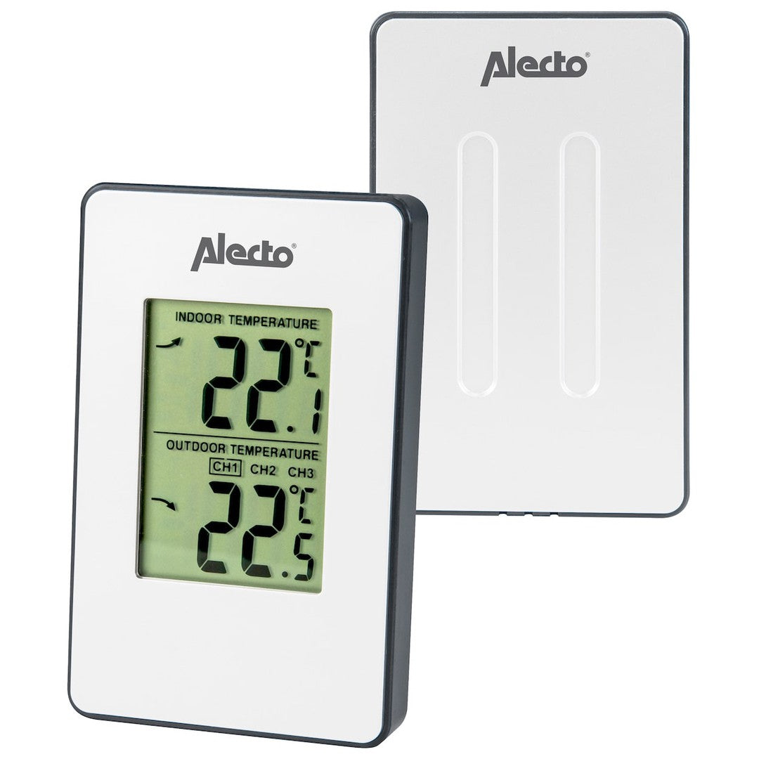 Alecto WS-1050 vejrstation med trådløs sensor viser indendørs og udendørs temperaturer med tydelige digitale display i grønne nuancer designet til nem aflæsning