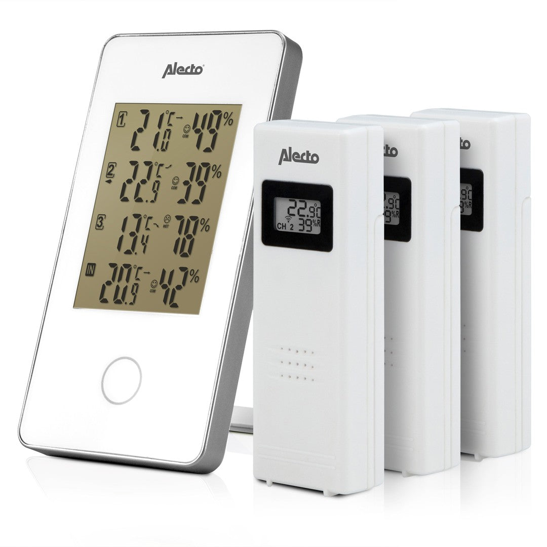 Alecto WS-1330 vejrstation med tre sensorer viser temperatur og luftfugtighed med et digitalt display i neutralt design der gør det nemt at aflæse data
