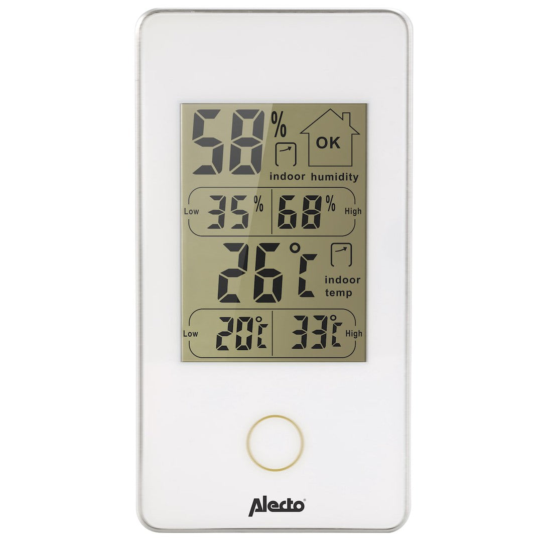 Digitalt indendørs thermometer og hygrometer fra Alecto viser 58 procent luftfugtighed og 26 grader celsius temperatur med minimum og maksimum værdier for både fugtighed og temperatur i et stilrent design