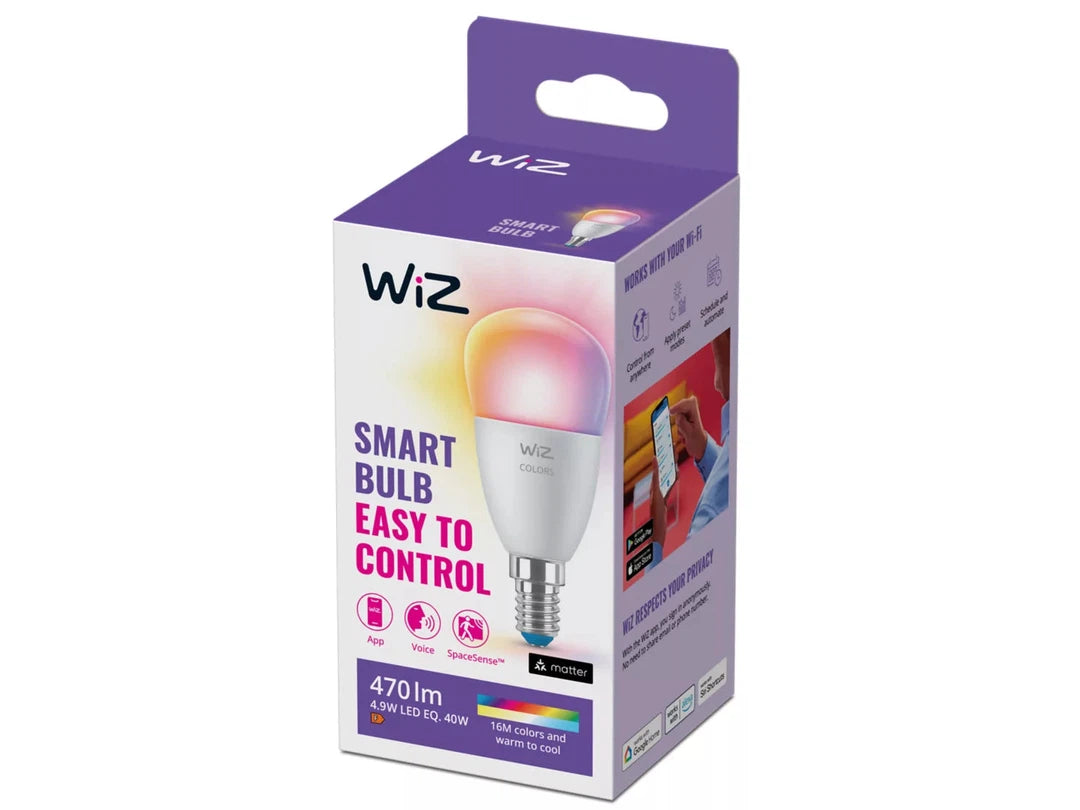 Smart pære WIZ 40 W P45 E14 i farver med fjernbetjening via app og stemmestyring emballage i farverig design med detaljer om lysstyrke og funktioner