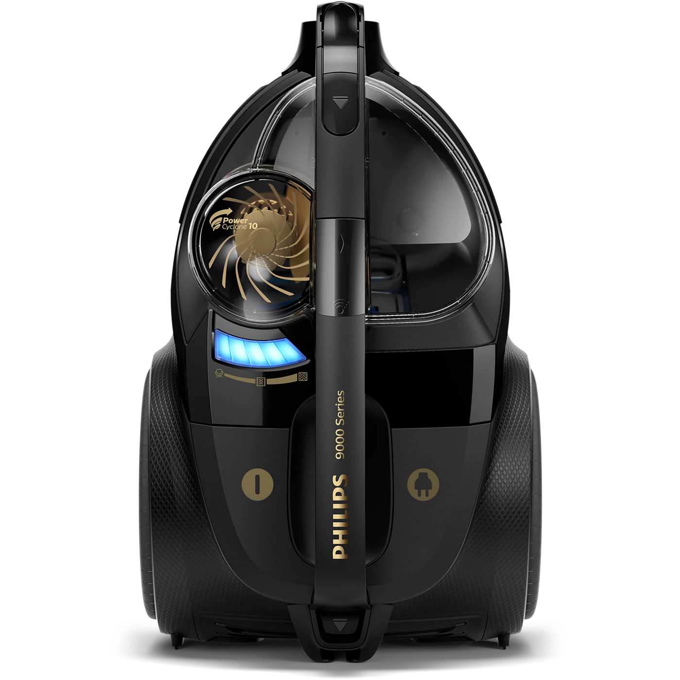 Philips XB9154/09 9000 series poseløs støvsuger set forfra med synlig blæser og kontrolpanel i blåligt lys samt et elegant sort design og guldtekst