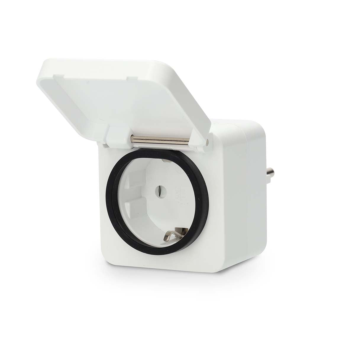 NEDIS SmartLife smartplug i hvid farve med åbningslåg og type F stik designet til Zigbee 3.0 med en maksimal effekt på 3680 W og IP44 beskyttelse velegnet til brug i temperaturer fra -10 til 40 grader Celsius.