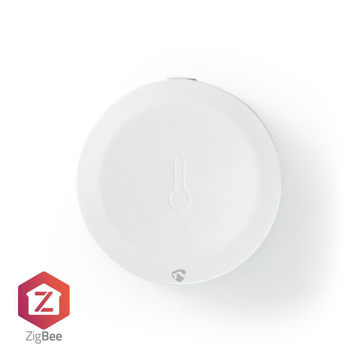 NEDIS SmartLife klim sensor med Zigbee 3.0 teknologi i hvid farve med batteridrift kompatibel med Android og IOS samt et temperaturmåler symbol nederst