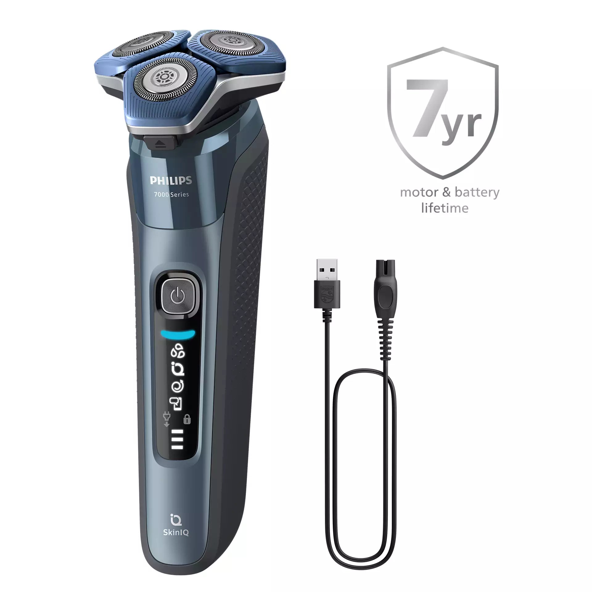Philips S7882/55 elektrisk våd- og tørbarbermaskine fra serie 7000 med tre roterende barberhoveder og detaljeret kontrolpanel synlig på håndtaget samt USB-opladningskabelforbindelse og 7 års motor- og batterilevetid.