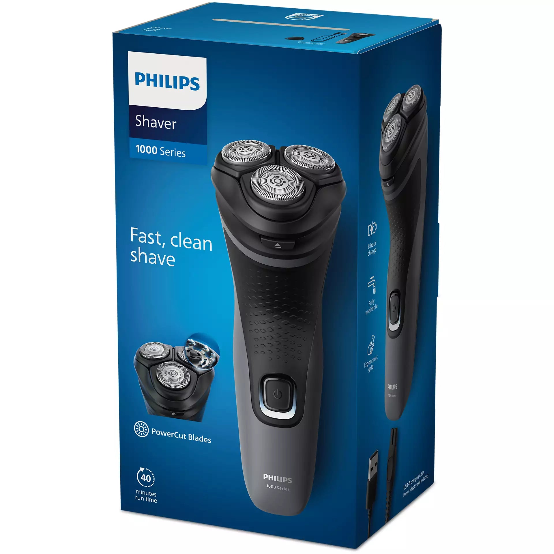 Pakning af Philips S1142/00 elektrisk shaver 1000 Series med tre skærehoveder og en ergonomisk håndtag designet til hurtig og ren barbering symboliseret med tekst såsom hurtig ren barbering og PowerCut blades.