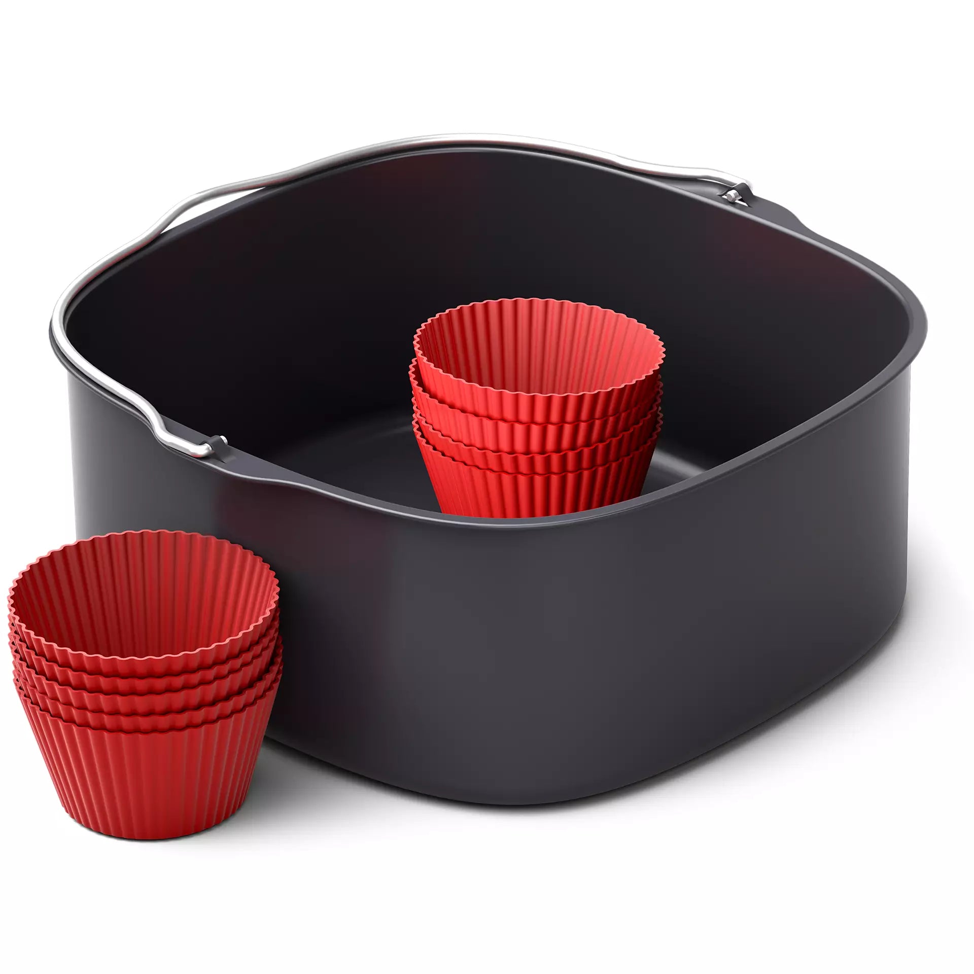 Sæt af bageudstyr til Philips HD9957/00 Airfryer bestående af en stor mørk bakke og fem røde silikoneforme til madlavning og bagning
