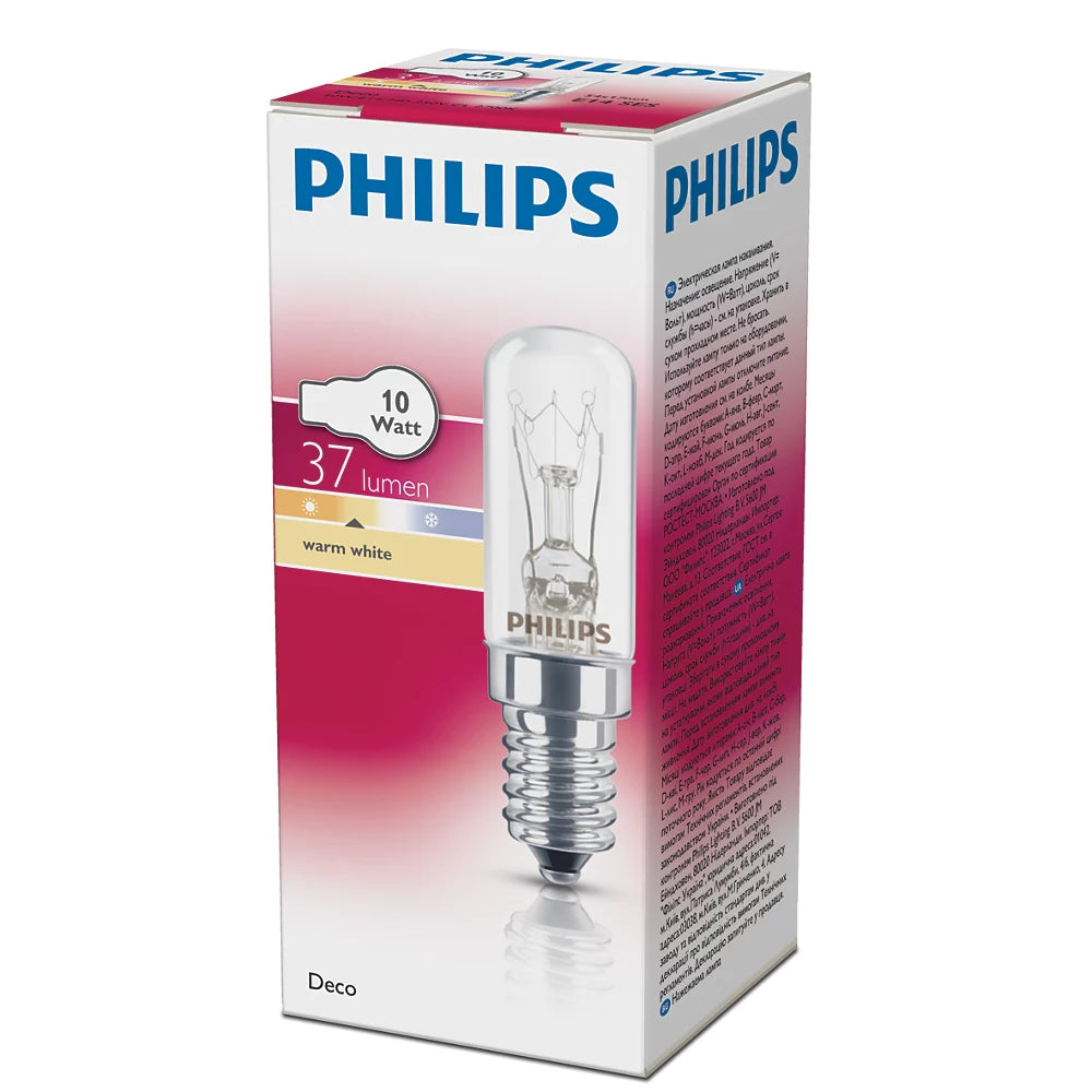 PHILIPS dekorativ rørformet glødepære 10 W E14 klar dæmpbar pakket i en farverig emballage med oplysninger om lumen og varme hvide lysnuancer