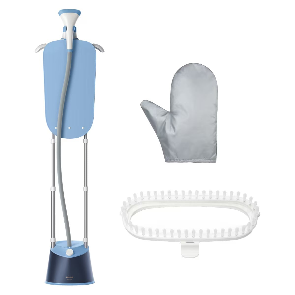Philips STE1030/20 tøjdamper i blå farve med en slange og en base i mørk farve samt en grå dampehandske og en hvidt tæppeholder til stofbehandling