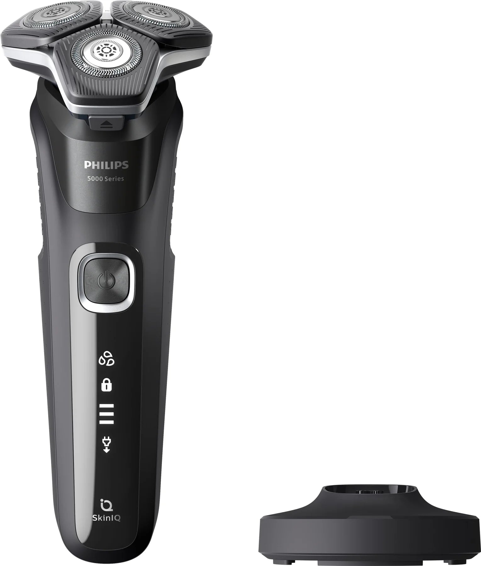 Billede af Philips S5898/25 Wet & Dry Barbermaskine Series 5000 med tre skæreelementer og en ergonomisk håndtag med kontrolknapper samt en ladestation i bunden
