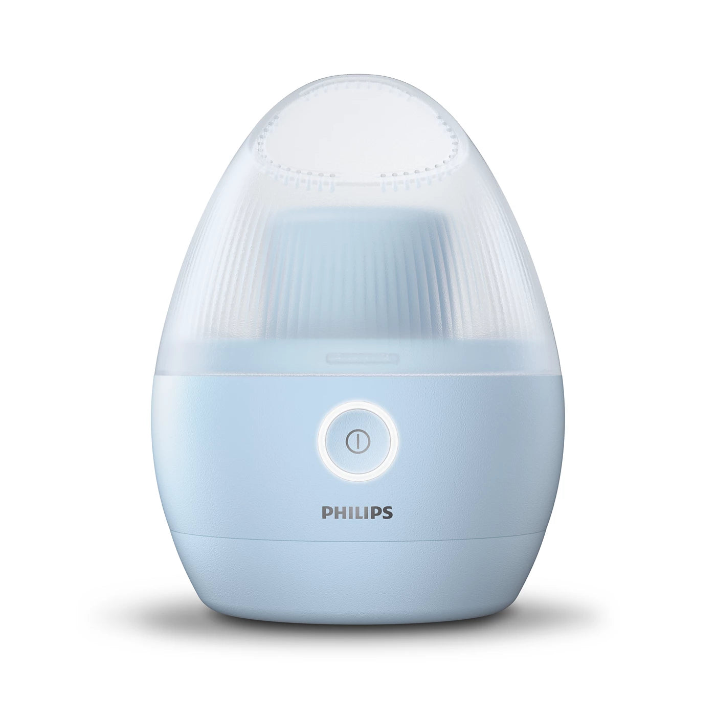 Philips Fnugfjerner serie 1000 GCA2100/20 i lyseblå farve viser en oval form med en fældebaseret overflade og en betjeningsknap foran Geräten har en moderne og stilren design egnet til hjemmebrug