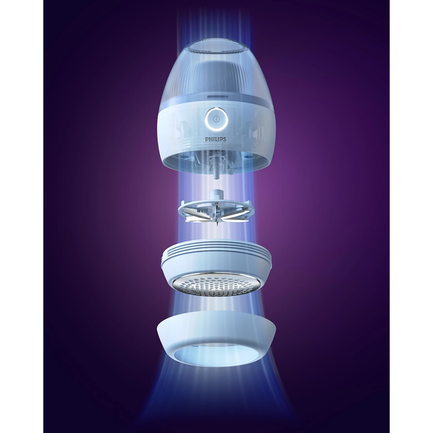 Illustration af Philips Fnugfjerner serien 1000 GCA2100/20 i lyseblå farve med dele af apparatet adskilt for at vise det indre design og funktioner i en violet baggrund