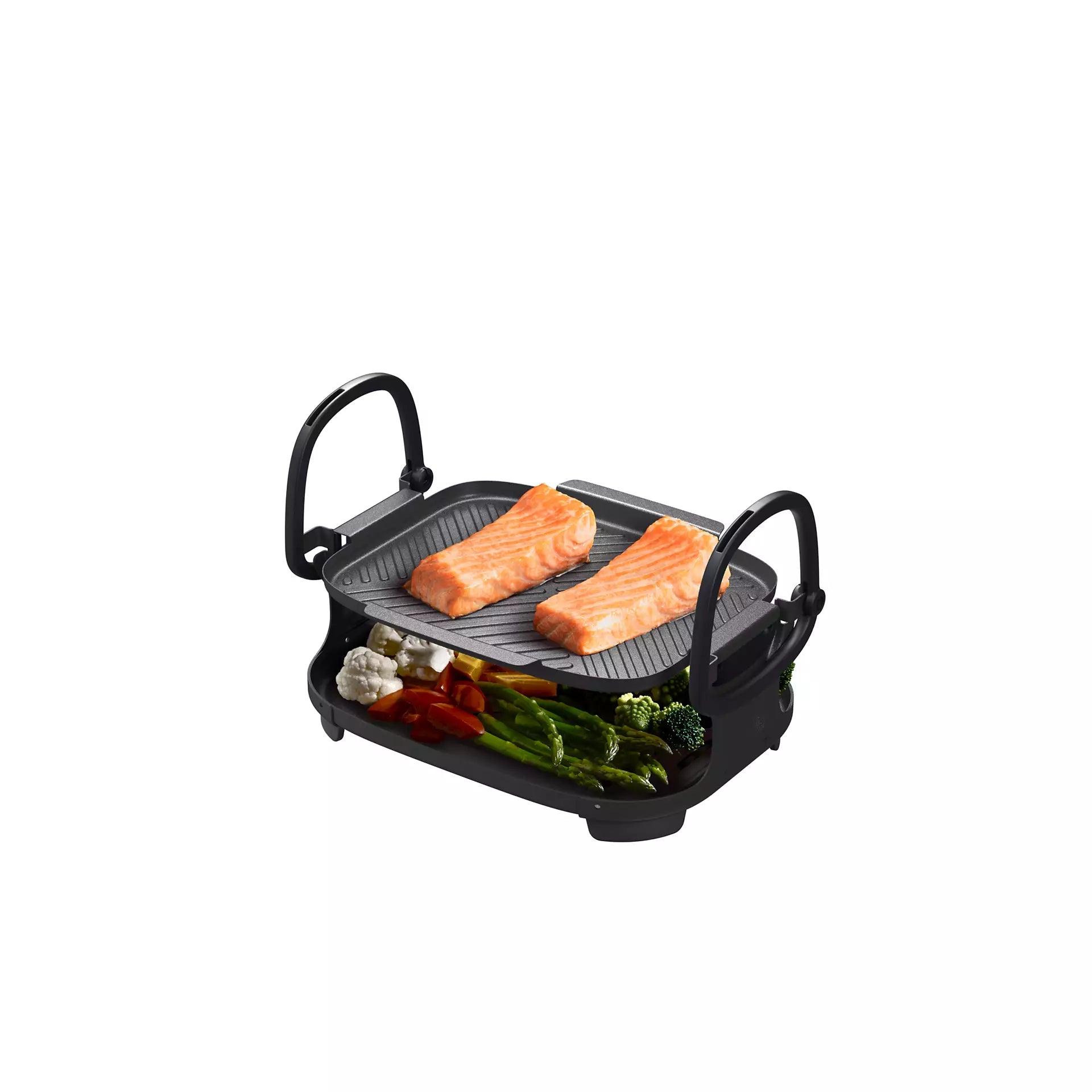 Philips NX0991/90 Air Steam Cooker med to lag der griller to stykker laks på den øverste rist og forskellige grøntsager som asparges, blomkål og broccoli på den nederste hylde