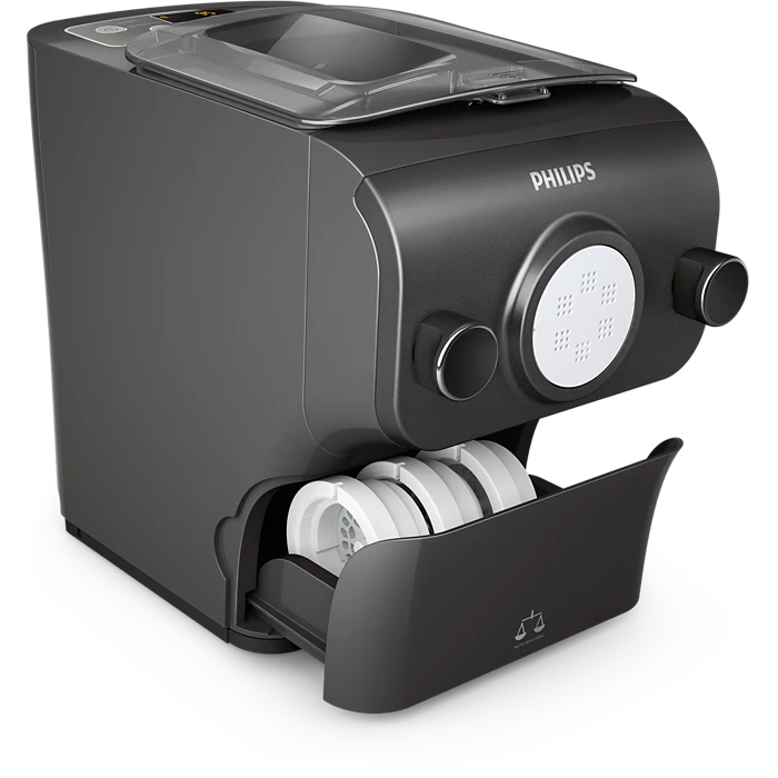 Philips HR2382/15 Avance Collection pastamaskine i sort med gennemsigtig låge og betjeningsknapper foran, designet til at lave frisk pasta derhjemme, med opbevaringsskuffe til forme.