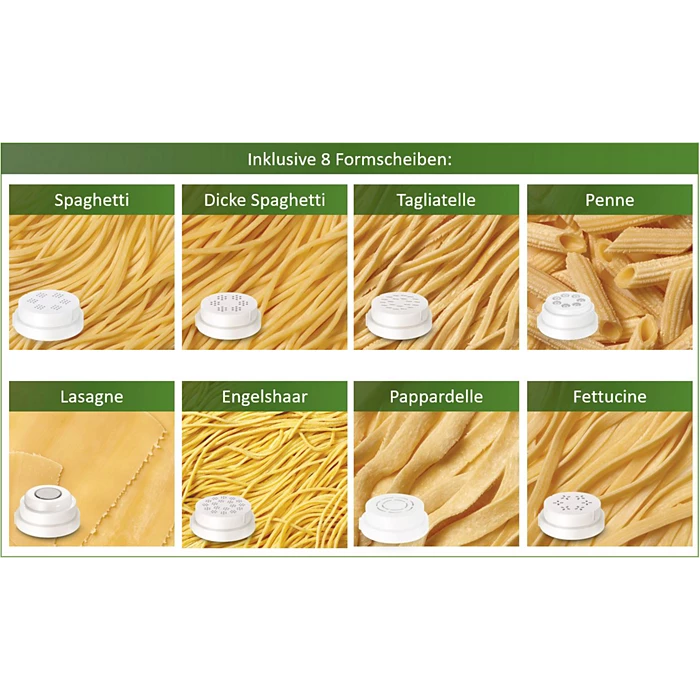 Billede viser de otte forskellige pastafaconer inklusive spaghetti, tykke spaghetti, tagliatelle, penne, lasagne, engelhår, pappardelle og fettuccine med tilhørende skiver fra Philips HR2382/15 Avance Collection Pastamaskine. Pastaskiverne er placeret foran hver pastatype i et farverigt layout.