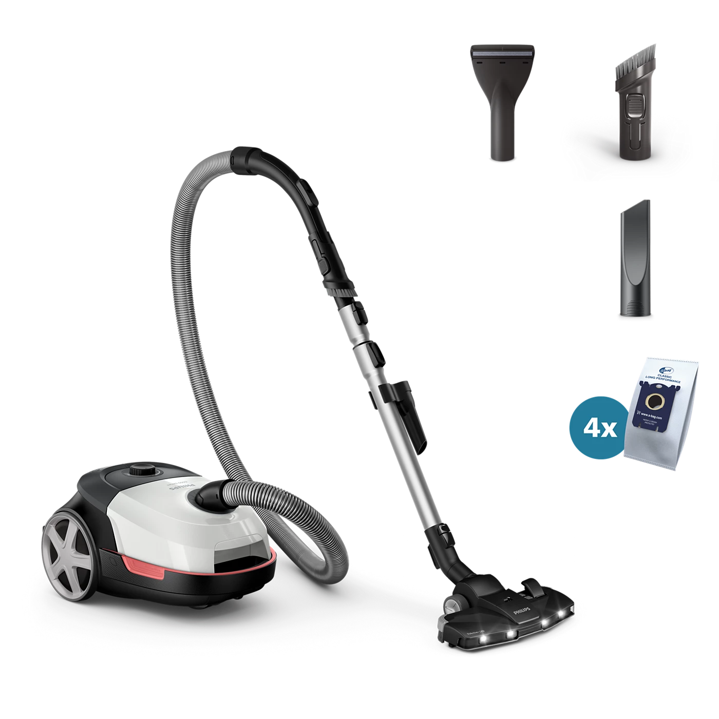 Støvsuger fra Philips model XD6122/12 med pose fra serien 6000 præsenteret med slange og forskellige børstevedhæftninger synlig i baggrunden samt fire ekstra poser i en pakke