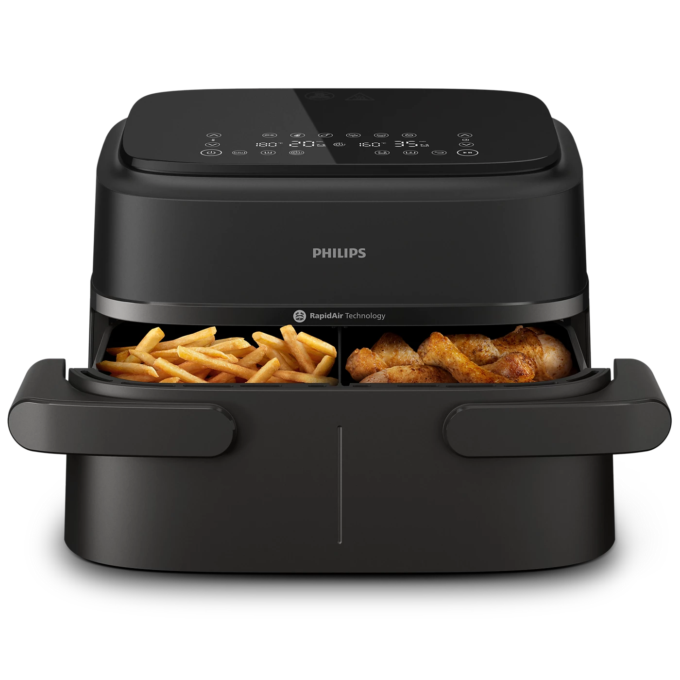 Philips Airfryer med to kurve NA150/00 med en skuffe fyldt med pomfritter og en anden skuffe med marinerede kyllingelår der tilberedes samtidigt i en moderne sort enhed med digitale kontroller