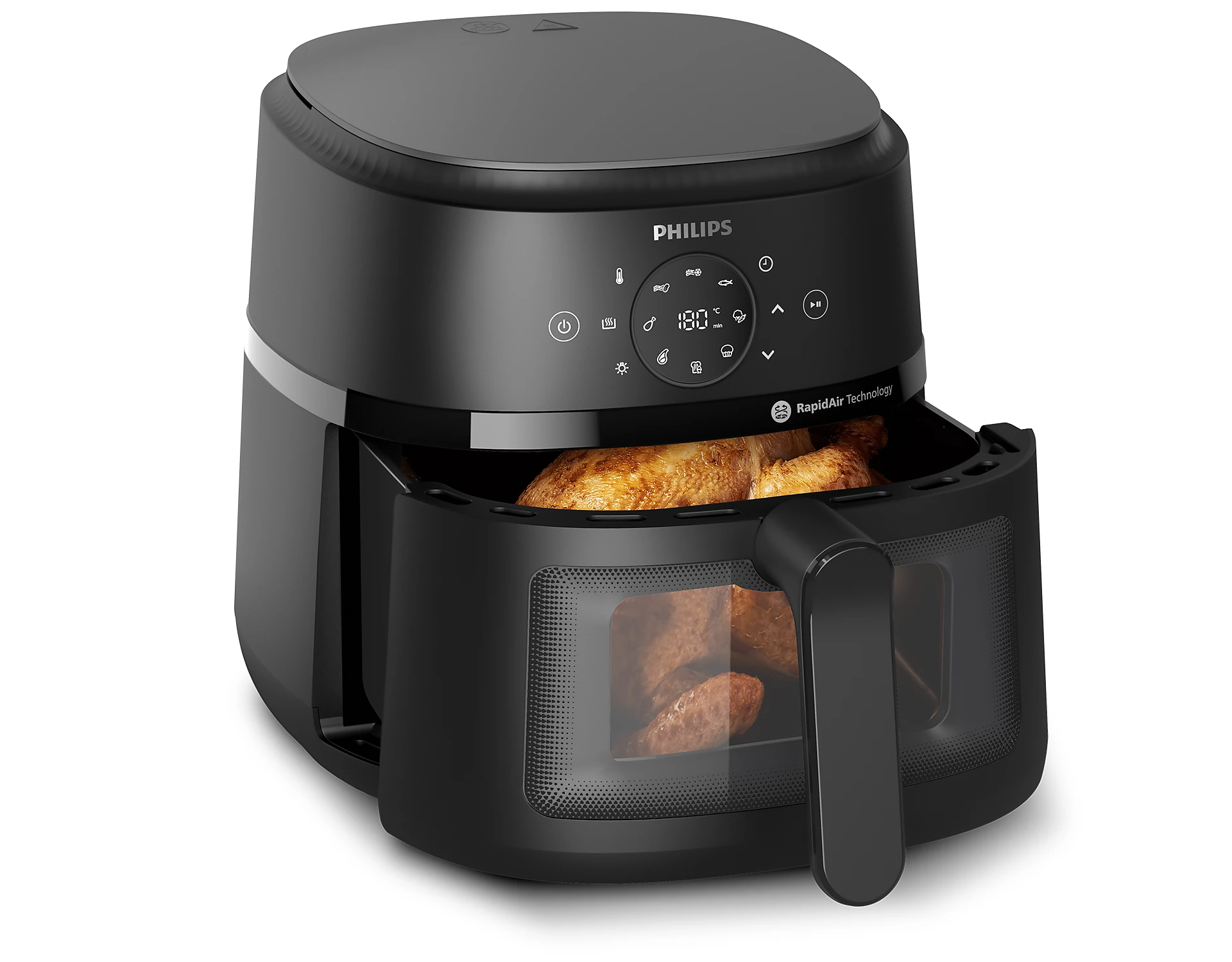 Philips NA230/00 Airfryer 2000 Series med en kapacitet på 6.2 liter i sort design med digital betjening og gennemskinnelig skuffe der viser tilberedte fødevarer
