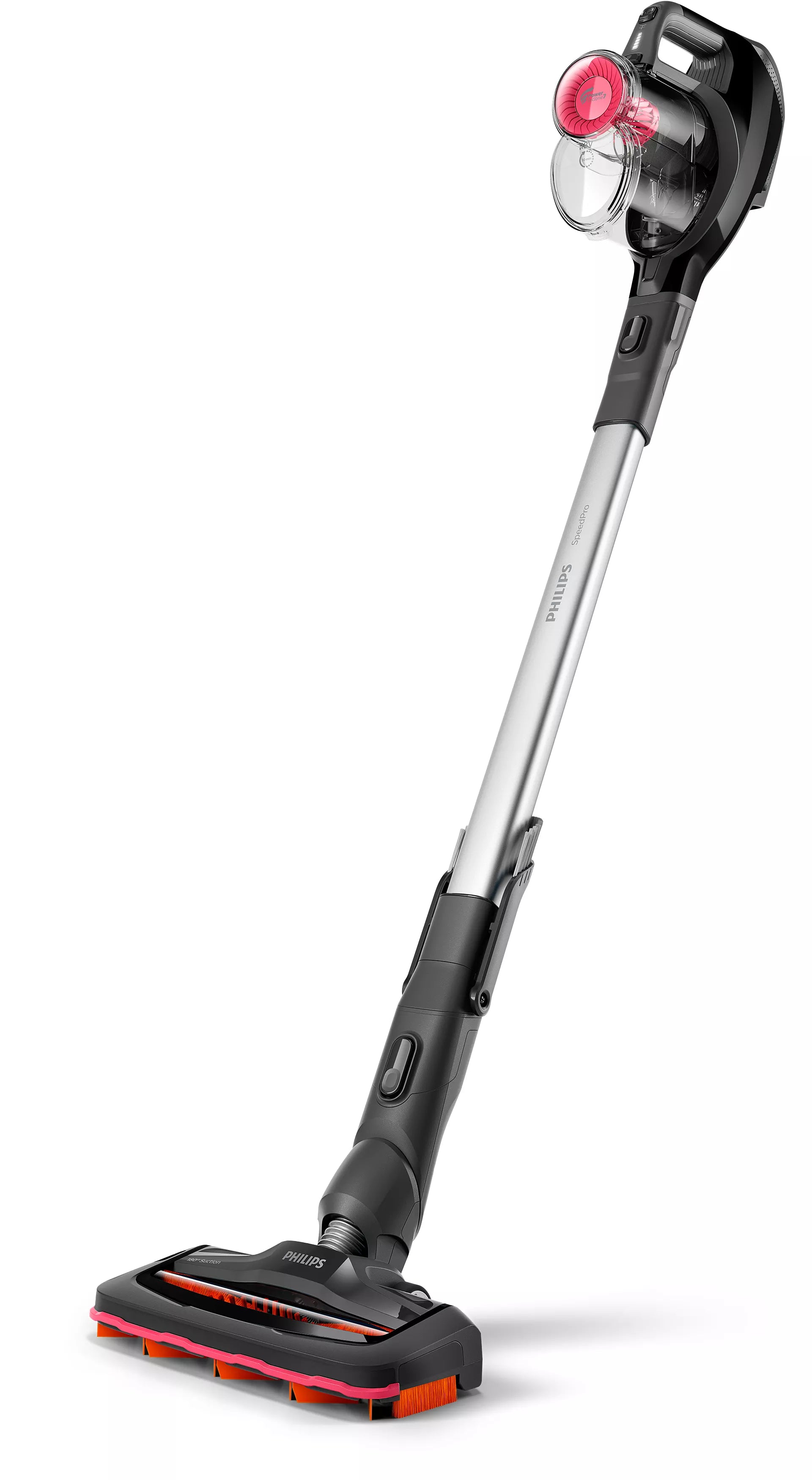 Philips FC6722/01 SpeedPro ledningsfri håndstøvsuger med skaft i moderne design fremhæver det lille sugehovede med røde akcentfarver og ergonomisk håndtag for nem betjening og rengøring i hjemmet